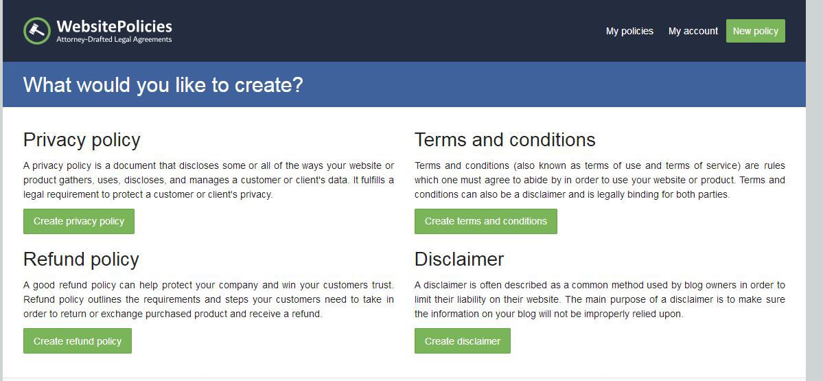 website policies generator 2018